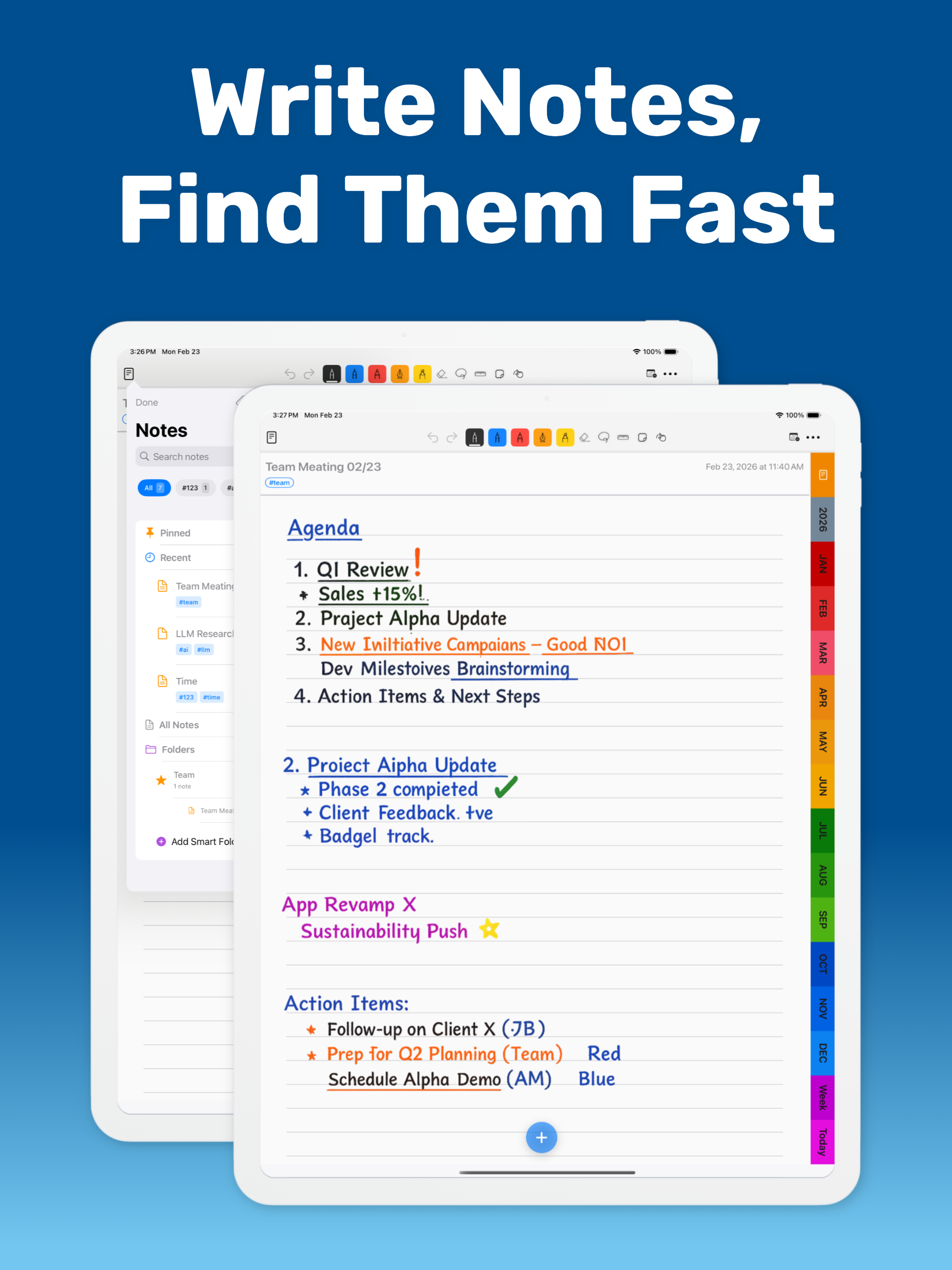 PencilTime iPad screenshot showing handwritten planner notes and linked planner pages